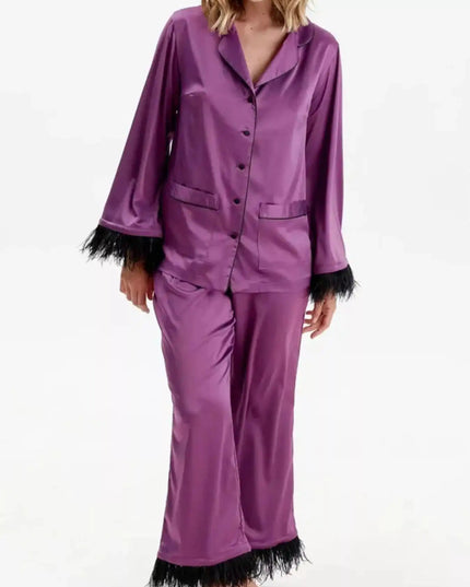 Silky Button Up Top and Pants Lounge Set - Sleekdenim.com