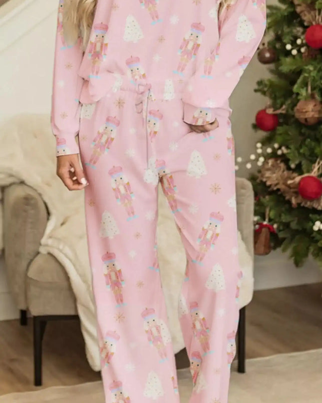 Christmas Tree Nutcracker Print Top and Pants 2pcs Lounge Set - Sleekdenim.com