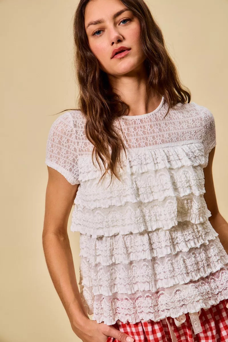 SO ME Ruffle Tiered Stretch Lace Short Sleeves Knit Top - Sleekdenim.com