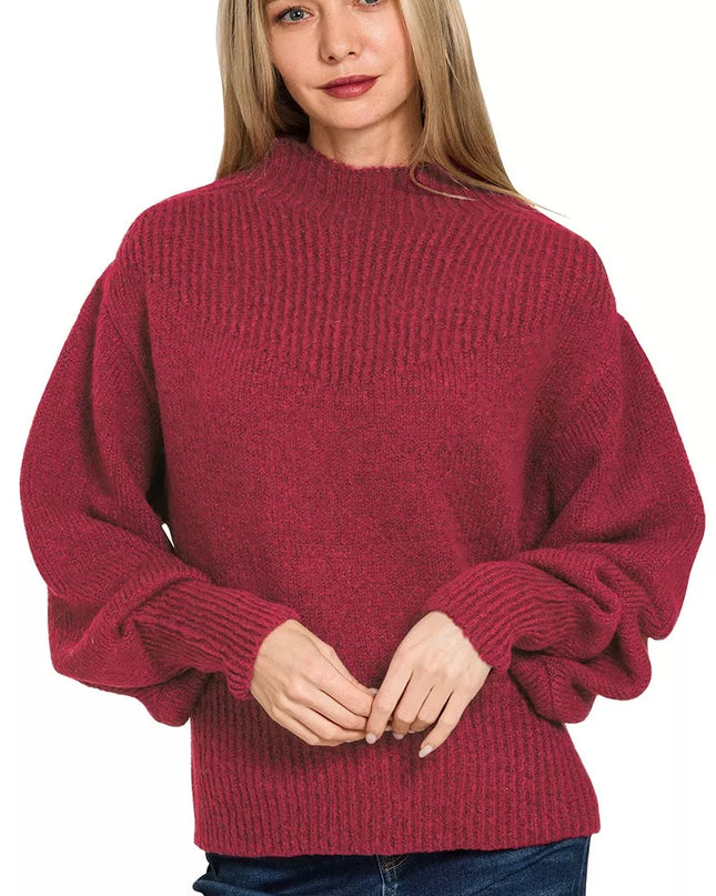 Zenana Balloon Sleeve Mock Neck Sweater - Sleekdenim.com
