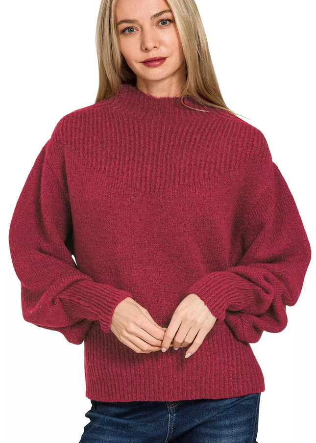 Zenana Balloon Sleeve Mock Neck Sweater - Sleekdenim.com