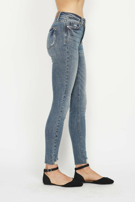 Judy Blue Full Size Tummy Control Vintage Wash Hem Destroy Skinny Jeans | Sleekdenim.com