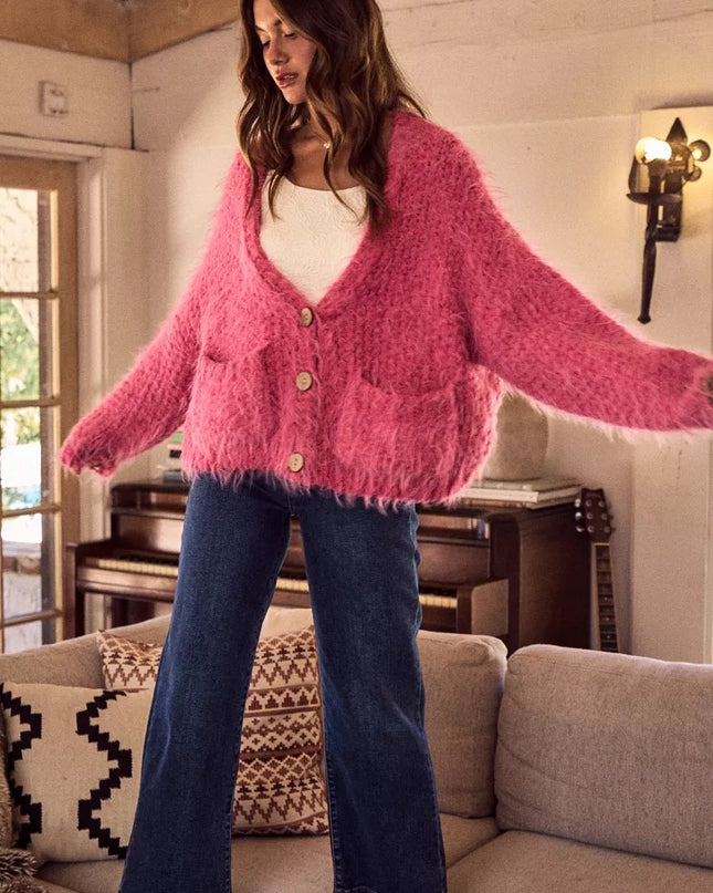 SO ME Soft Touch Hairy Loose Fit Cozy Sweater Cardigan - Sleekdenim.com