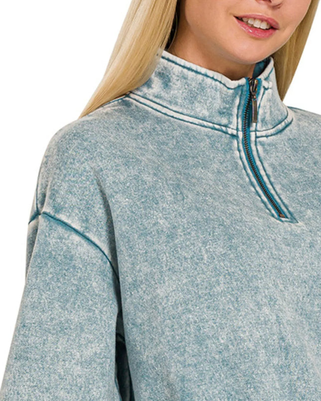 Zenana Acid Wash Fleece Half Zip Sweatshirt - Sleekdenim.com