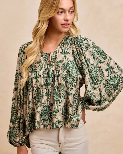 BiBi Printed Woven Front Tied Blouse with Baloon Sleeve - Sleekdenim.com