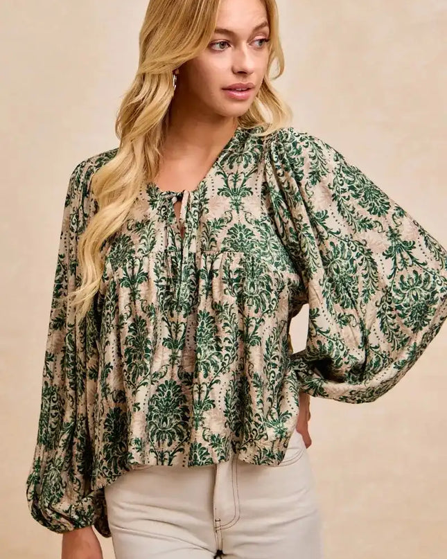 BiBi Printed Woven Front Tied Blouse with Baloon Sleeve - Sleekdenim.com