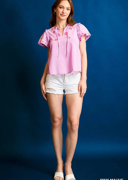 Umgee Floral Embroidered Tie Neck Short Sleeve Blouse - Sleekdenim.com