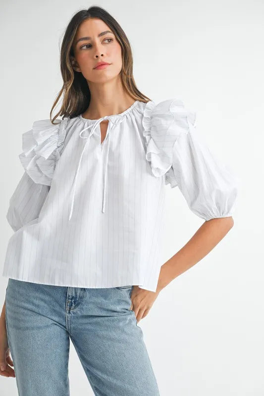 MABLE Stripe Ruffle Shoulder Puff Sleeve Blouse - Sleekdenim.com