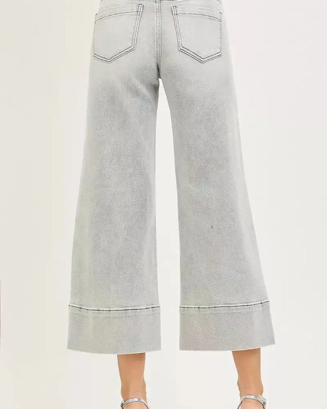 RISEN Tummy Control Mid Rise Crop Wide Pintuck Front Jeans - Sleekdenim.com