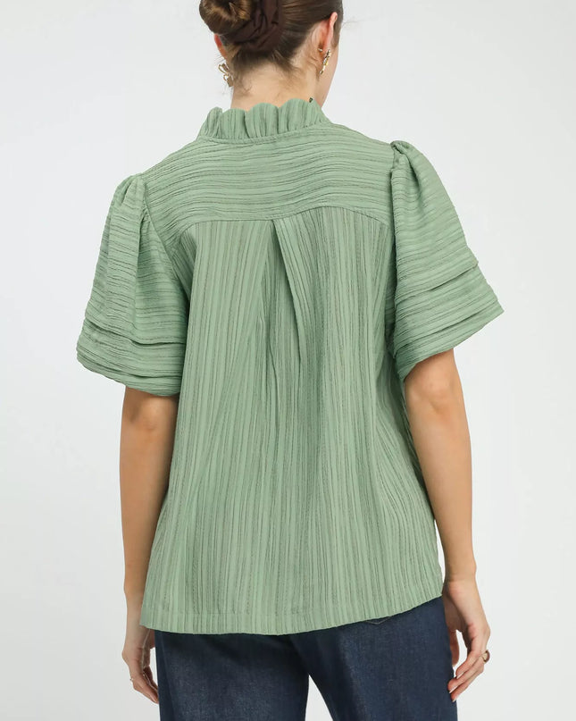Umgee Seersucker Bubble Sleeve V-Neck Blouse - Sleekdenim.com