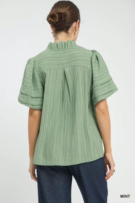 Umgee Seersucker Bubble Sleeve V-Neck Blouse - Sleekdenim.com