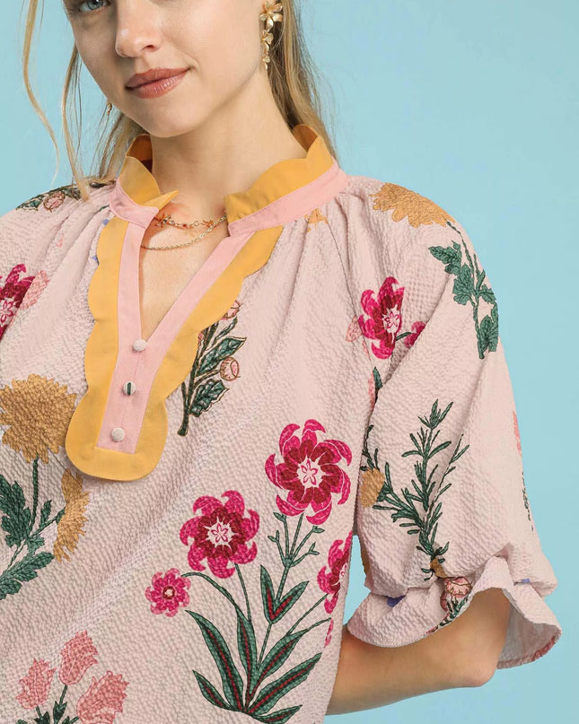 Umgee Floral Puff Sleeve Blouse with Scallop Trim Collar - Sleekdenim.com