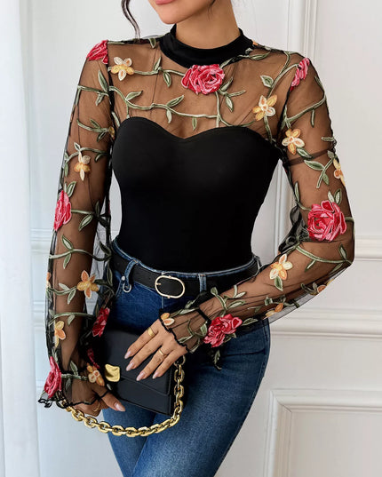 Floral Embroidered Mesh Long Sleeve Bodysuit - Sleekdenim.com