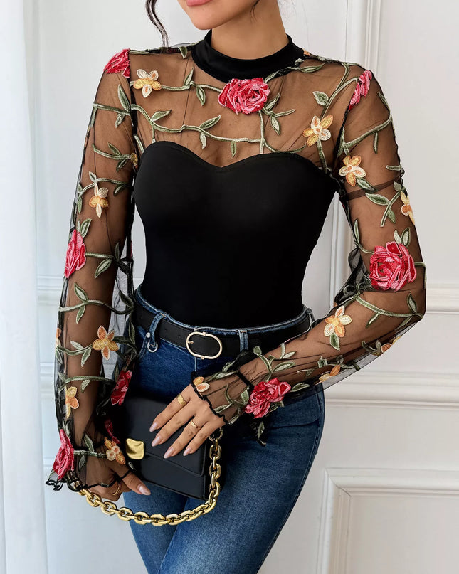 Floral Embroidered Mesh Long Sleeve Bodysuit - Sleekdenim.com