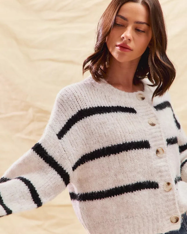 SO ME Stripe Soft Touch Button Cozy Sweater Cardigan - Sleekdenim.com