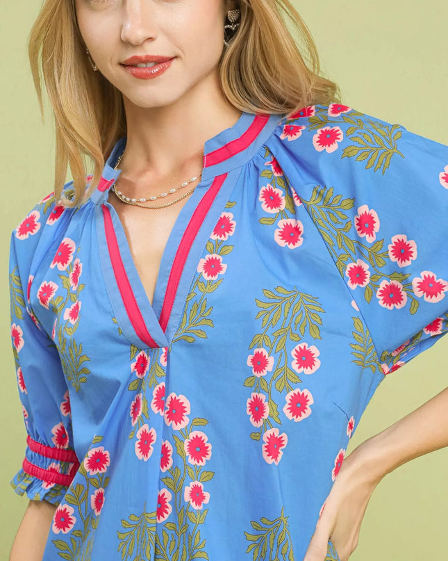 Umgee Floral V-Neck Puff Sleeve Top - Sleekdenim.com