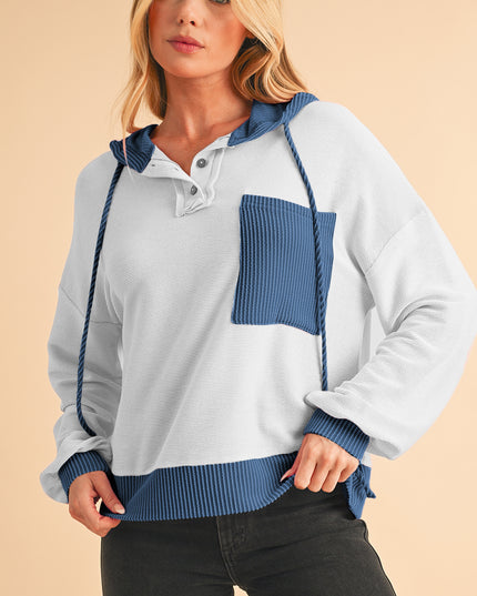 White Corded Patch Pocket Drawstring Henley Long Sleeve Top