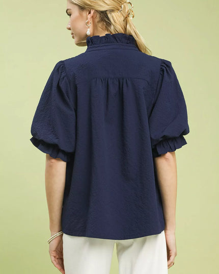 Umgee Textured Smocked Yoke Split-Neck Top - Sleekdenim.com