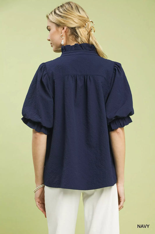 Umgee Textured Smocked Yoke Split-Neck Top - Sleekdenim.com