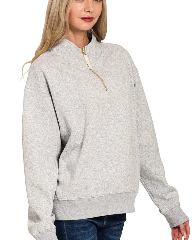 Zenana Fleece Half Zip Sweatshirt - Sleekdenim.com