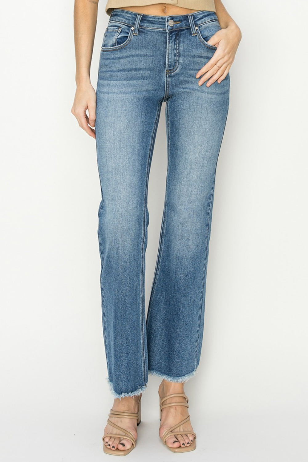 RISEN Mid-Rise Frayed Hem Bootcut Jeans | Sleekdenim.com