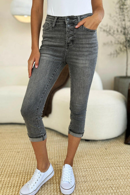 Judy Blue Full Size Button Fly High Waist Cuffed Capris | Sleekdenim.com