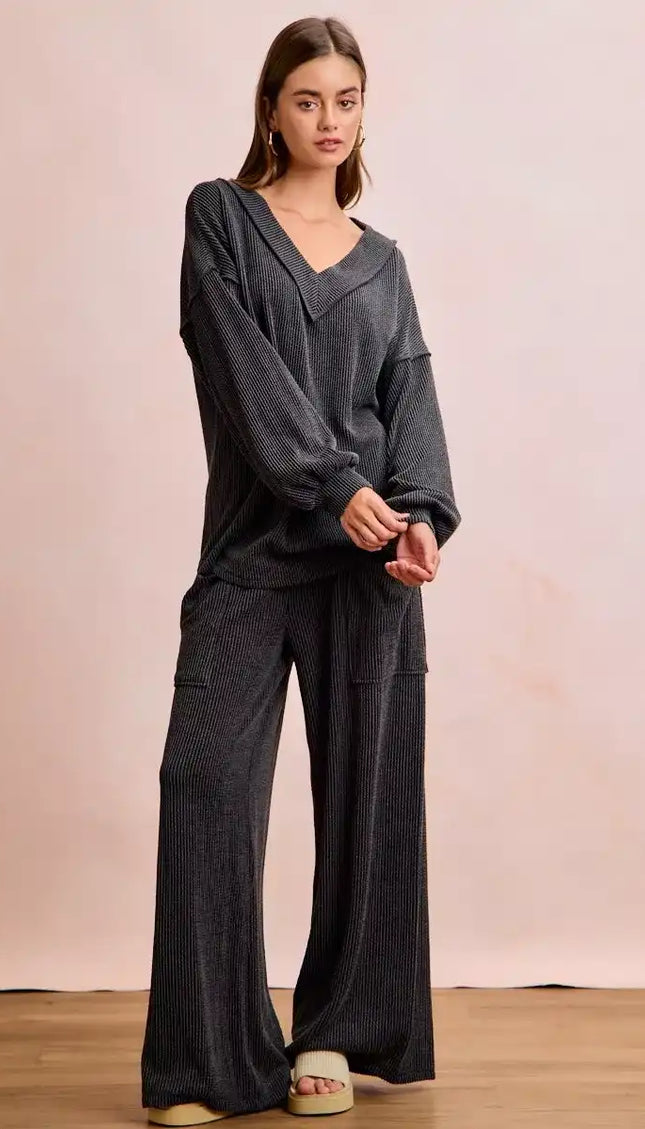 BiBi Two Tone Cord Rib Contrast Stitching V-Neck Top and Pants Set - So Soft & Silky - Sleekdenim.com