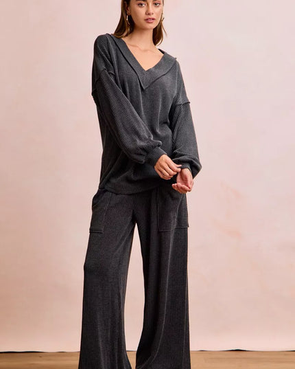 BiBi Two Tone Cord Rib Contrast Stitching V-Neck Top and Pants Set - Sleekdenim.com