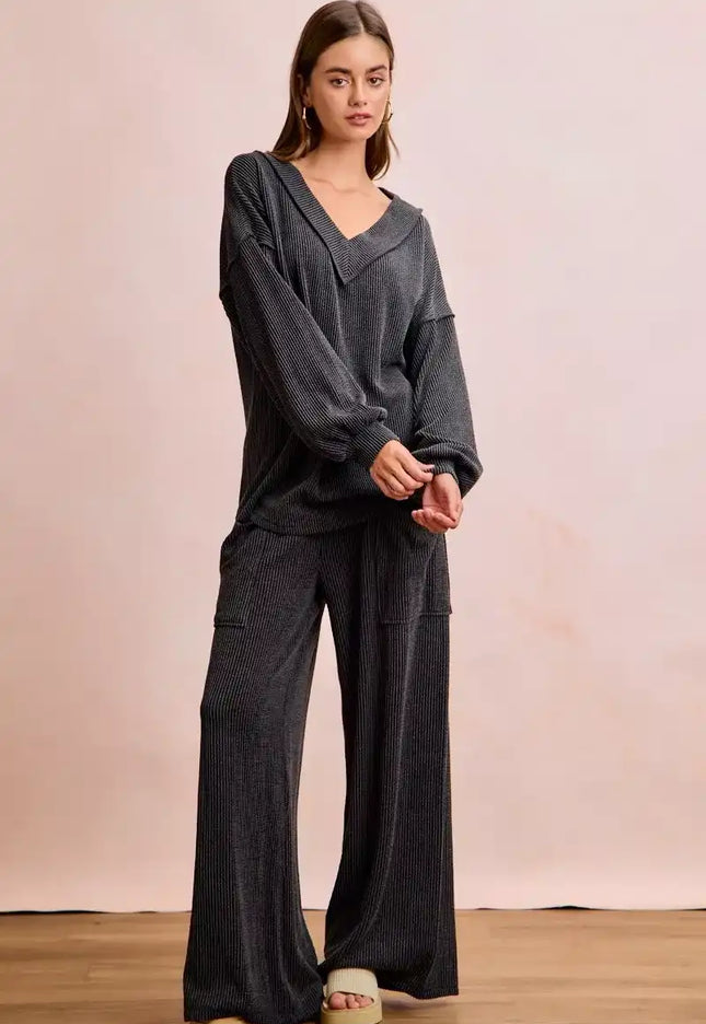 BiBi Two Tone Cord Rib Contrast Stitching V-Neck Top and Pants Set - So Soft & Silky - Sleekdenim.com