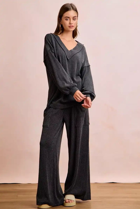 BiBi Two Tone Cord Rib Contrast Stitching V-Neck Top and Pants Set - So Soft & Silky - Sleekdenim.com