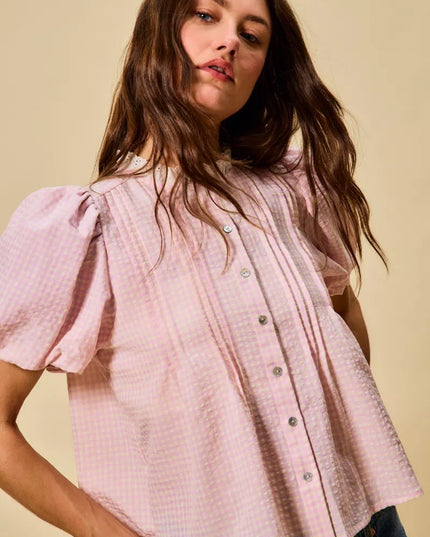 SO ME Gingham Lace Trim Button Bubble Sleeves Blouse - Sleekdenim.com