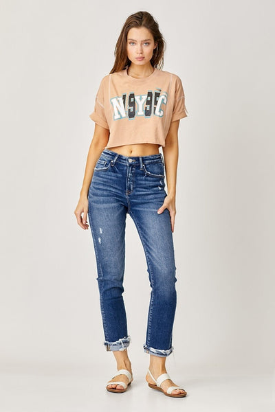 Risen Full Size High-Rise Frayed Cuffed Straight Jeans | Sleekdenim.com