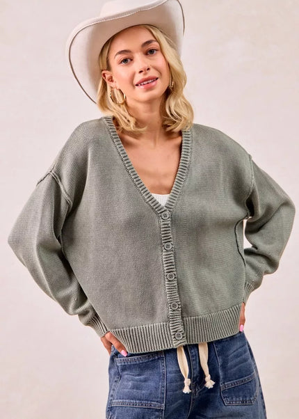 BiBi Washed Sweater V Neck Cardigan - Sleekdenim.com