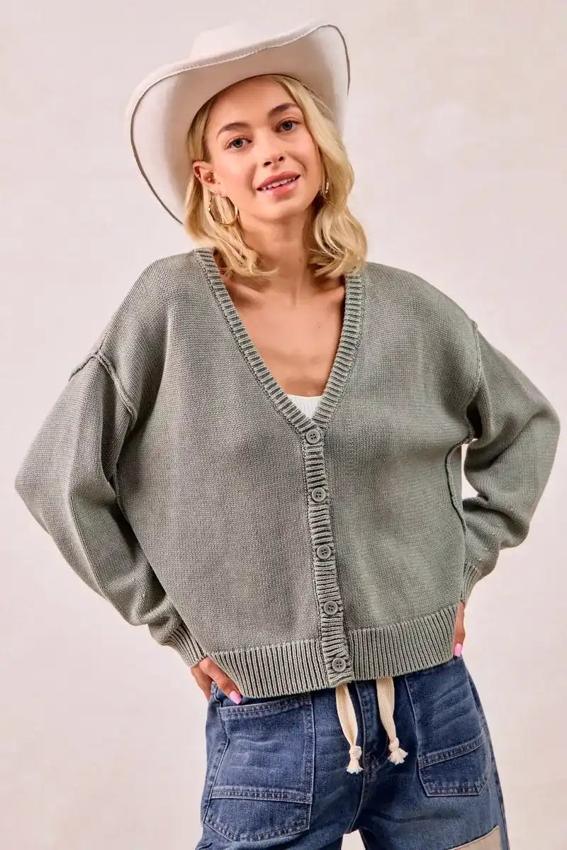 BiBi Washed Sweater V Neck Cardigan - Sleekdenim.com