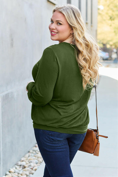 Basic Bae Full Size V-Neck Lantern Sleeve Top Army Green