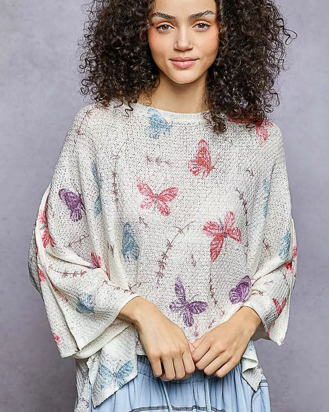 POL Butterflies Pattern Round Neck knit Top with Outseam Rolling Edge - Sleekdenim.com