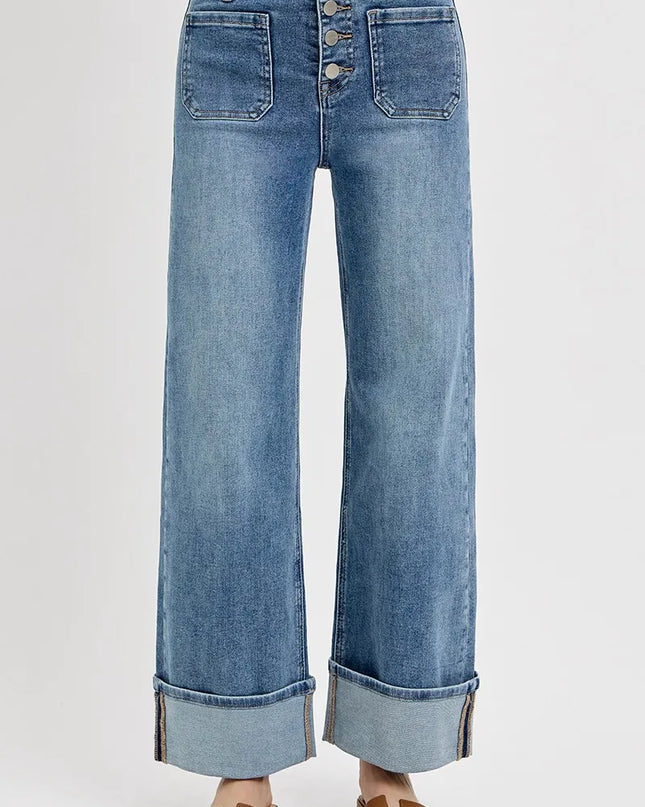 RISEN High Rise Ankle Wide Button Patch Pocket Cuffed Jeans - Sleekdenim.com
