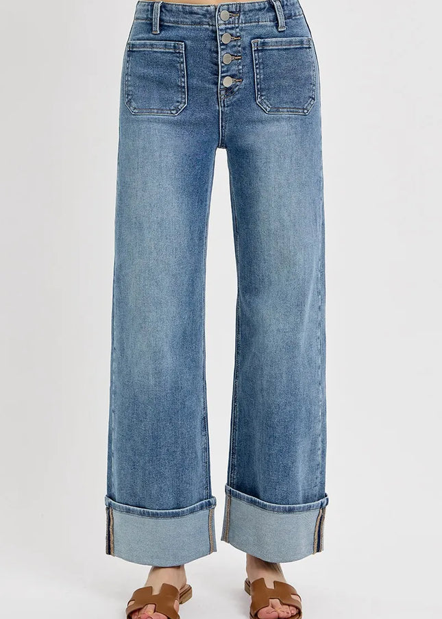 RISEN High Rise Ankle Wide Button Patch Pocket Cuffed Jeans - Sleekdenim.com