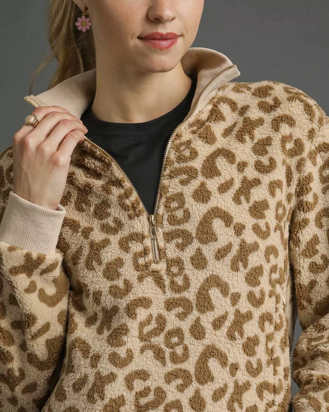Umgee Leopard Print Quarter-Zip Sweatshirt - Sleekdenim.com