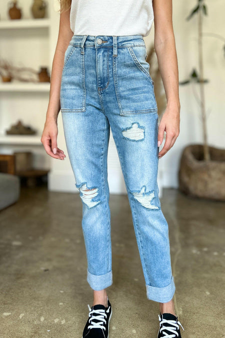 Judy Blue Full Size Distressed Straight Jeans with Patch Pockets | Sleekdenim.com