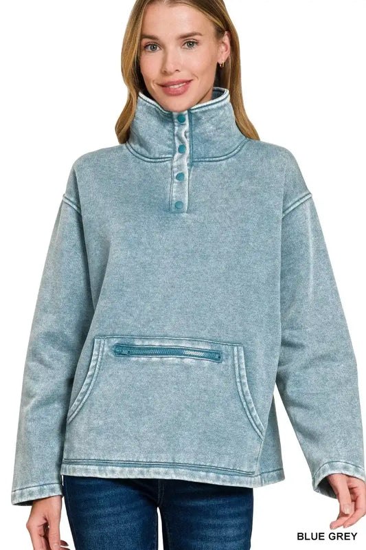 Zenana Fleece Washed High Neck Kangaroo Pocket Sweatshirt