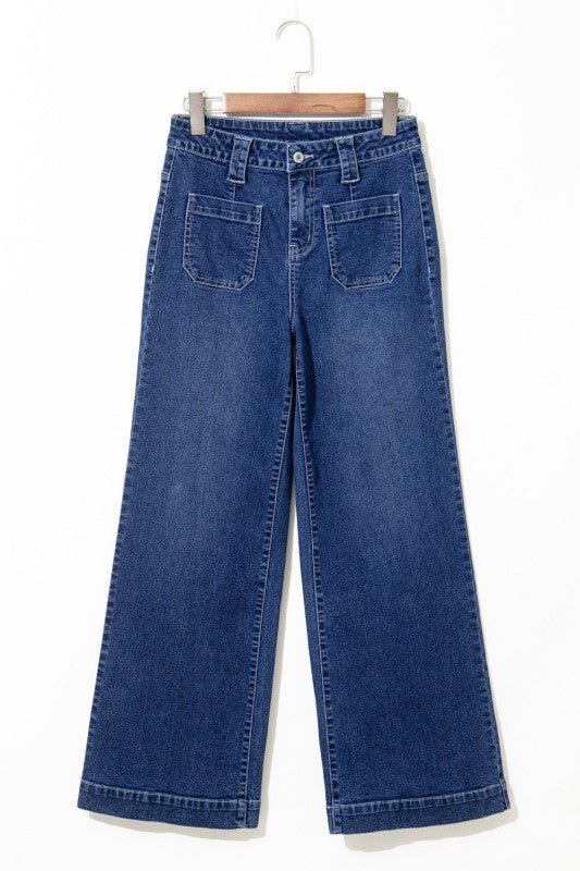 Denim Patch Pocket Wide Leg Jeans - Sleekdenim.com