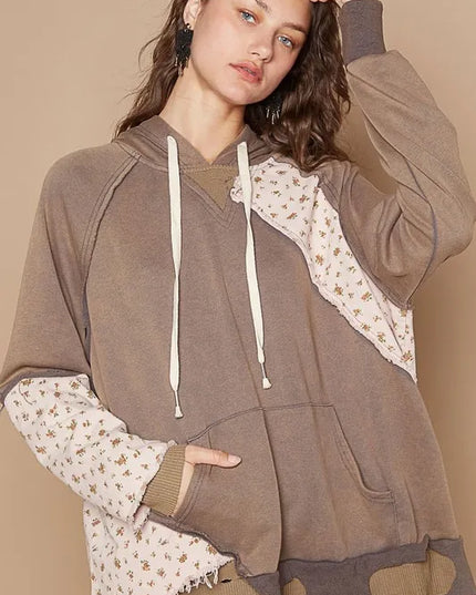 POL Floral Patchwork Distressed Drawstring Hoodie - Sleekdenim.com