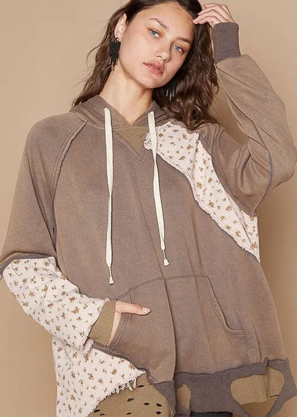 POL Floral Patchwork Distressed Drawstring Hoodie - Sleekdenim.com