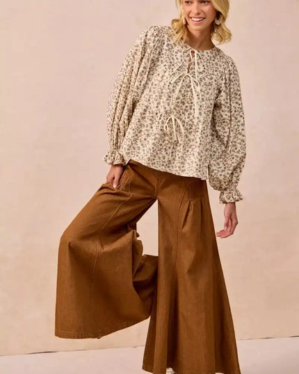 BiBi Floral Printed Peplum Blouse with Shirring and Tied - Sleekdenim.com