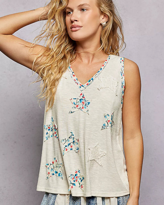 POL Floral Print Star Patch V-Neck Ribbed Tank - Sleekdenim.com