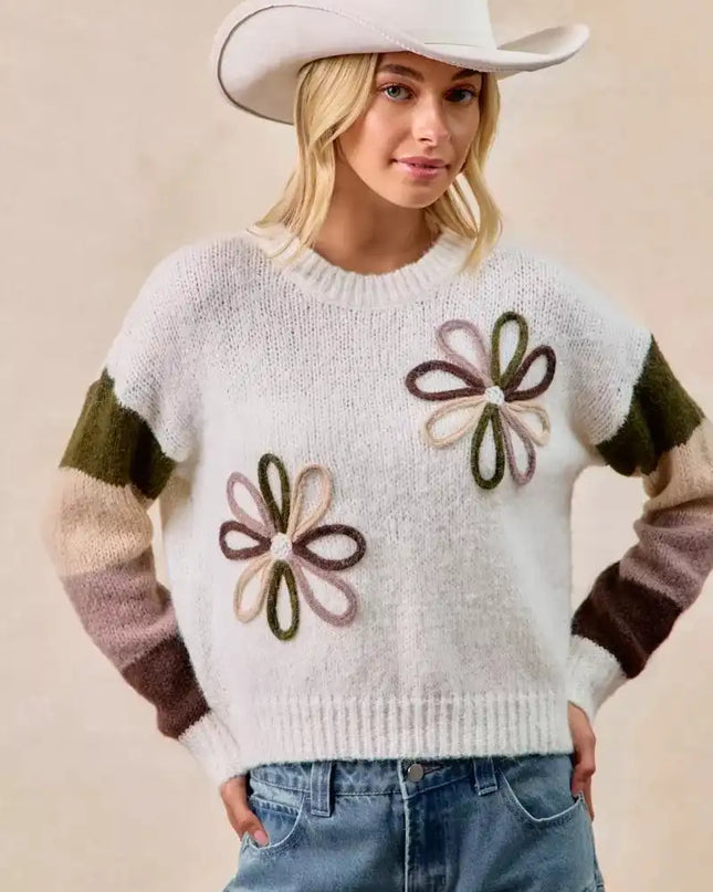 BiBi Flower Color Block Sweater - Sleekdenim.com