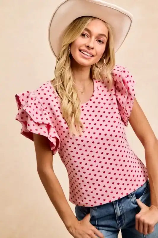 BiBi Heart Patterned Knit Ruffled Sleeves Top - Sleekdenim.com