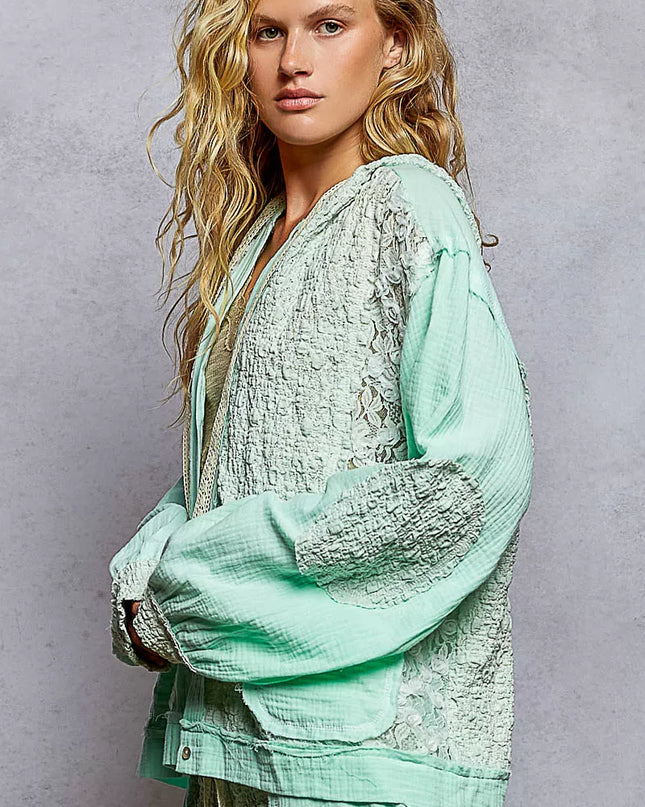 POL Exposed Seam Button Down Hooded Jacket with Lace Detail - Sleekdenim.com