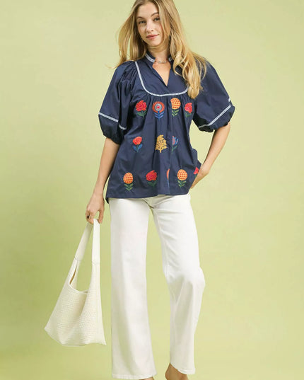 Umgee Embroidered Floral Puff Sleeve Top - Sleekdenim.com